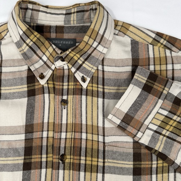 Saddlebred Flannel Shirt Men's XL Button Down Long Sleeves Cream & Brown Plaid - Picture 1 of 9